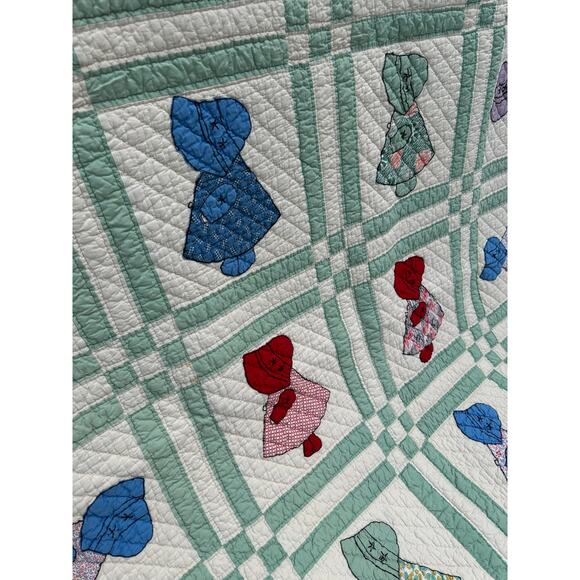 Vintage Quilt 30-40s Era Feedsack Applique Sun Bonnet Sue Farmhouse Cottagecore - Picture 2 of 5